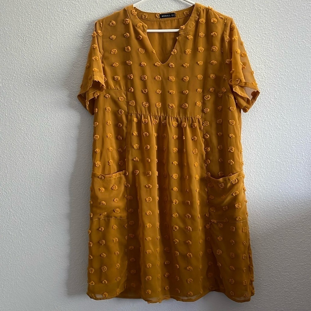 MIHOLL Swiss Dot Baby Doll Mini Dress Mustard Yellow Size L - Picture 2 of 8